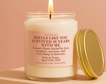 Smells Like You Survived 16 Years With Me Candle | Funny Anniversary Gift, Unique Handmade Wedding Anniversary Gift