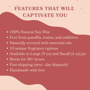 a red and white color scheme with text providing information about a product. The text highlights the product's features, such as 100% natural soy wax, no paraffin, no additives, and 10 unique fragrance options, available in both large and small jars, and a fast shipping option. The product is described as handmade with love, and it is noted that it burns for 40+ hours.