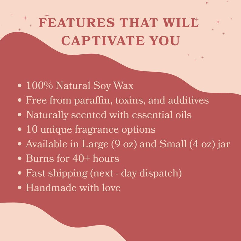 a red and white color scheme with text providing information about a product. The text highlights the product's features, such as 100% natural soy wax, no paraffin, no additives, and 10 unique fragrance options, available in both large and small jars, and a fast shipping option. The product is described as handmade with love, and it is noted that it burns for 40+ hours.