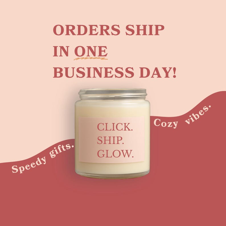 a candle in a jar with a label that reads "CLICK. SHIP. GLOW." The background is a gradient of pink and red colors.