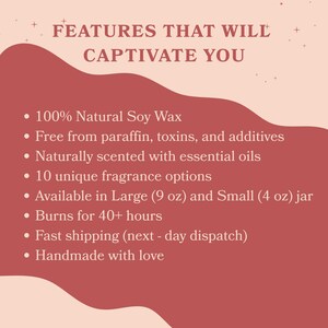 a red and white color scheme with text providing information about a product. The text highlights the product's features, such as 100% natural soy wax, no paraffin, no additives, and 10 unique fragrance options, available in both large and small jars, and a fast shipping option. The product is described as handmade with love, and it is noted that it burns for 40+ hours.