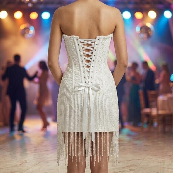 pearl corset mini dress Pearl Fringe Corset Mini Dress, Strapless Bridal Reception Outfit