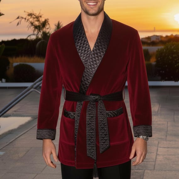 Mens Dressing Gown Gentleman's Smoking Jacket Men's Burgundy Velvet  Smoking Jacket, Quilted Shawl Collar Vintage Lounge Robe