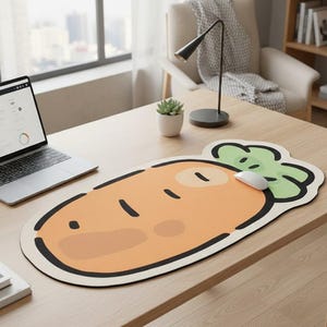 May include: A novelty carrot-shaped mouse mat with a cartoon design. The mat has an orange body with black details and a green leafy top. A white computer mouse sits on the mat, which is on a wooden desk.