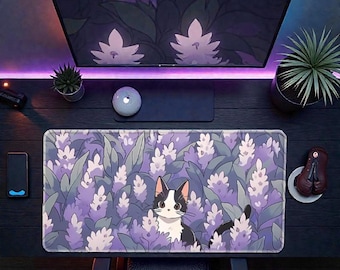 Tapis de bureau chaton anime : tapis de souris à fleurs violettes