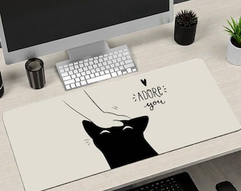 Minimalist Black Cat Mouse Pad – "Adore You" Desk Mat