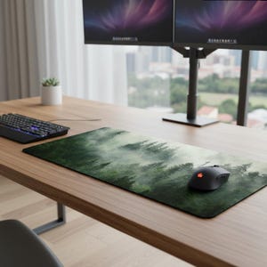 Könnte beinhalten: Rechteckiges Mauspad mit einer nebligen Waldszene in Grün- und Weißtönen. Eine schwarze Computermaus mit rotem Licht liegt auf dem Pad. Eine schwarze Tastatur ist ebenfalls auf dem Holzschreibtisch zu sehen.