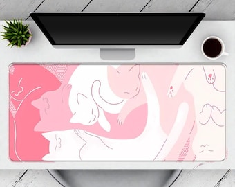 Tappetino da scrivania con gatto rosa estetico / Tappetino per mouse esteso / Decorazione da scrivania kawaii per giocatori e uffici