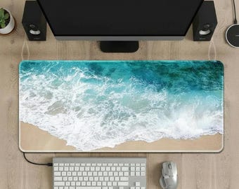 Ocean Wave Desk Mat, Beach Scene Large Mouse Pad, Coastal Aesthetic Gaming Desk Pad, Turquoise Sea Office Decor, Tropical Keyboard Mat Gift