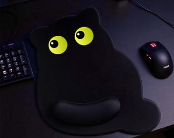 Black Cat Mouse Pad – Ergonomic Wrist Rest, Gamer Desk Decor