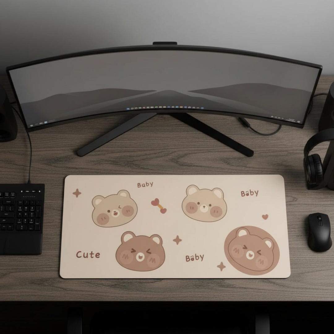 Cute Bear Desk Mat, Kawaii Brown Bear Mouse Pad, Large Aesthetic Gaming ...