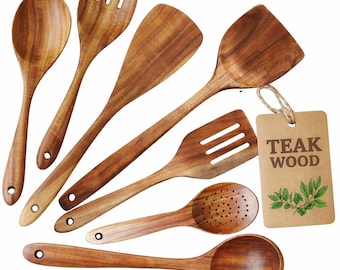 Juego de 7 utensilios de cocina de madera de teca: cucharas y espátulas de cocina ecológicas y duraderas para sartenes antiadherentes.