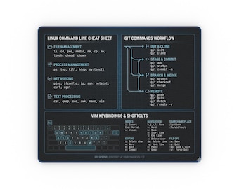 Linux Command Line Cheat Sheet Rectangular Mouse Pad | Git, Vim Shortcuts