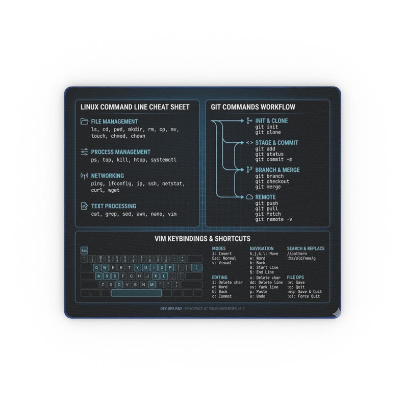 Linux Command Line Cheat Sheet Rectangular Mouse Pad | Git, Vim Shortcuts image 1