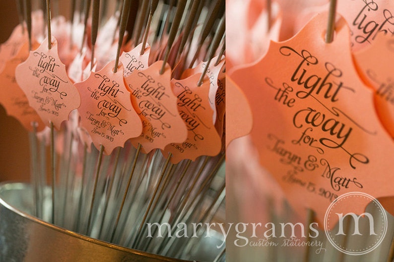 Sparkler Tags - Light the Way for the Bride & Groom - Wedding Favor Tags Script w. Names, Date - Silver, Gold, Pink (24 / 36ct) 
