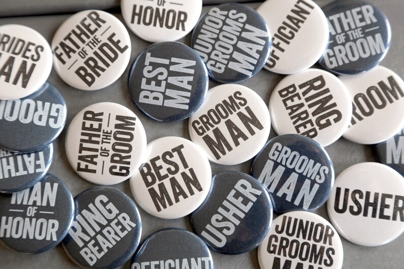 Bridal Party Button Pins for Groomsman, Best Man, Usher Ring Bearer Father of Bride Groom Bachelor Party Pinbacks Wedding Engagement Shower image 1