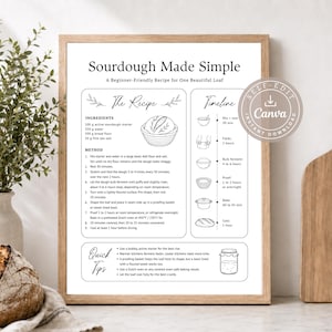 May include: A framed instructional print titled Sourdough Made Simple, featuring a recipe, ingredient list, method steps, a timeline with icons, and quick tips. The document includes line drawings of a proofing basket, a jar, and bread.