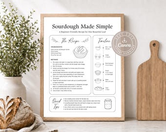 Puede incluir: Una lámina enmarcada titulada Sourdough Made Simple, que incluye una receta, lista de ingredientes, pasos de preparación, una línea de tiempo con iconos y consejos. El documento muestra dibujos lineales de un banneton, un tarro y pan.