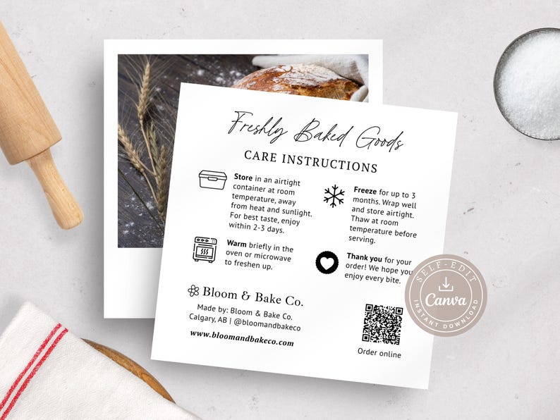 Editable Bakery Care Card Canva Template, Baked Goods Instructions (4x4 ...