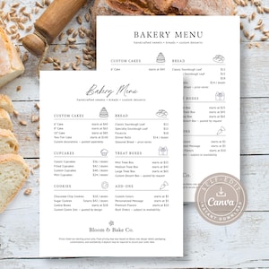 May include: A white bakery menu template with black text and line art icons for custom cakes, bread, cupcakes, cookies, treat boxes, and add-ons. The menu features the business name Bloom & Bake Co. and includes a circular Canva self-edit badge.