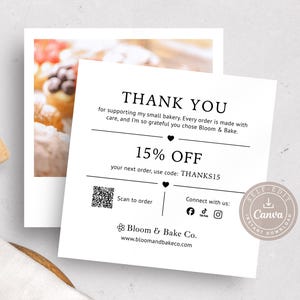 Editable Bakery Thank You Card Template, 4x4 Canva Insert with Discount Code and QR Code, Coupon Card