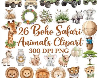 Niedliche Safari Clipart - Aquarell - Safari Tiere Png - Kommerzielle Nutzung - Elefant - Löwe - Giraffe