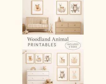Könnte beinhalten: Waldtier-Drucke in neutralen Tönen. Das Bild zeigt gerahmte Aquarellillustrationen eines Fuchses, eines Hirsches und einer Eule, die über einem Kinderbett und einer Kommode ausgestellt sind. Der Text lautet "Woodland Animal Printables" und "Includes 5 Sizes".
