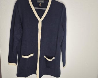 Classiques Entier Cardigan en laine mérinos bleu marine bordure crème pour femme, taille moyenne