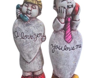 Ensemble de nouvelles figurines de couple en céramique vintage Je t'aime, tu m'aimes, kitsch rétro
