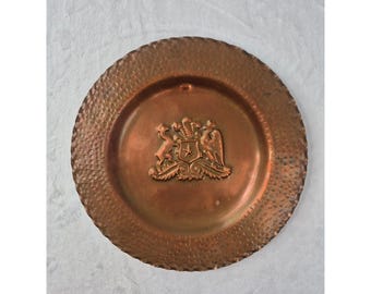 Plaque murale décorative martelée en cuivre, vintage, blason du Chili, bonne état