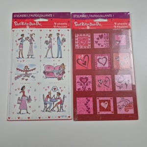 May include: Two packs of stickers with romantic illustrations. One pack features figures in various poses, while the other showcases heart designs in shades of pink and red. The packaging reads "STICKERS!/AUTOCOLLANTS!" and "4 sheets 4 feuilles."