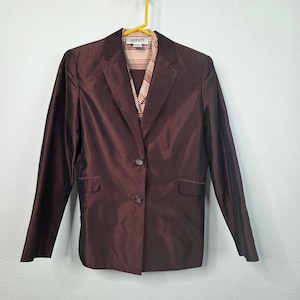 Y2K Alfani 3‑Piece Silk Shantung Pant Suit Women 6P Brown Striped Shell