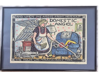 Impression de style gravure sur bois « ange domestique » de Mary Azarian 1995 encadré art folklorique