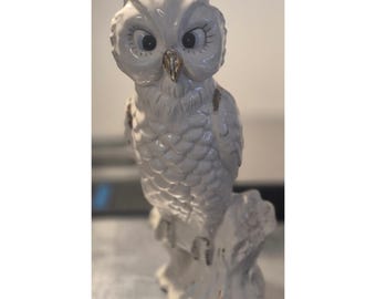 Figurine hibou RIES en céramique blanche du Japon vintage, accents dorés, style Mid-Century moderne