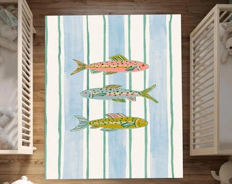 Coastal Fish Nonslip Rug, Washable Nautical Area Rug, Beach Style Ocean Fish Carpet For Kids Room, Nursery Or Coastal Home Decor