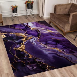 Purple Gold Marble Rug, Modern Microfiber Area Rug, Modern Home Decor, Gold Detail Velvet Floor Rug, Modern Living Room Rugs