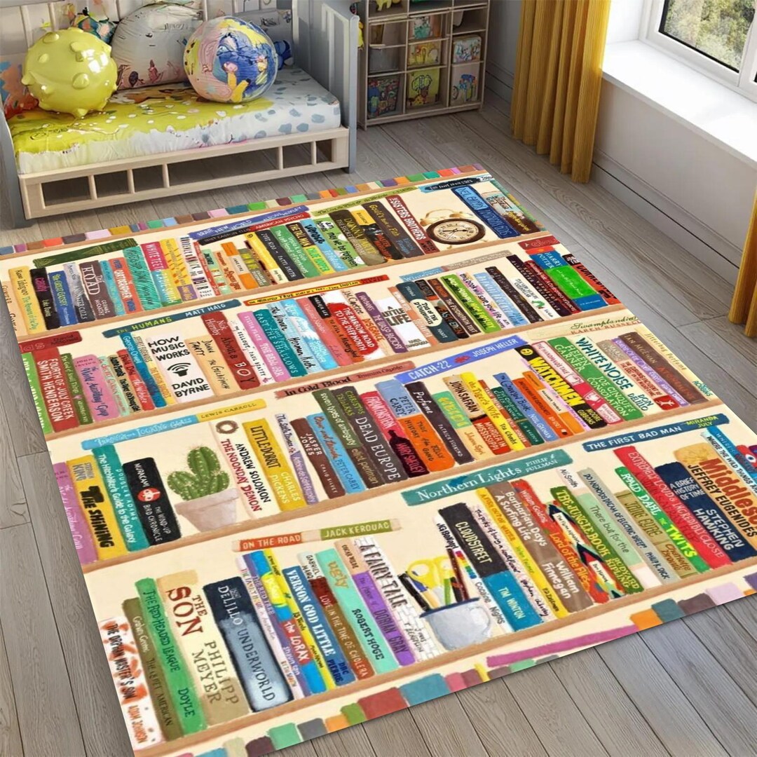 Colorful Library Books Room Rug, Bookshelf Rugs, Library Book Lover ...