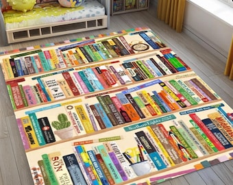 Colorful Library Books Room Rug, Bookshelf Rugs, Library Book Lover Area Rug, Cozy Reading Book Carpet, Literary Home Decor, Book Lover Rug