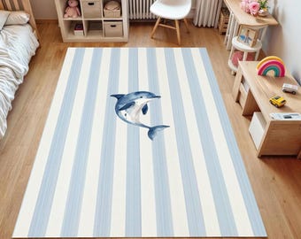 Dolphin Coastal Rug, Washable Ocean Nursery Area Rug, Nautical Kids Room Carpet, Minimal Beach House Decor, Baby Room Rugs
