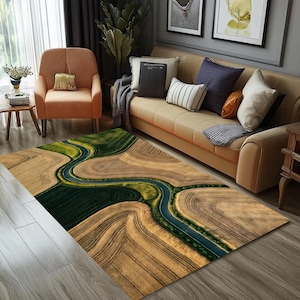 Aerial Landscape Nonslip Rug, Winding Road Nature Rug, Minimalist Scenic Carpet, Modern Farm Field Rug, Nature Inspired Living Room Rug image 6