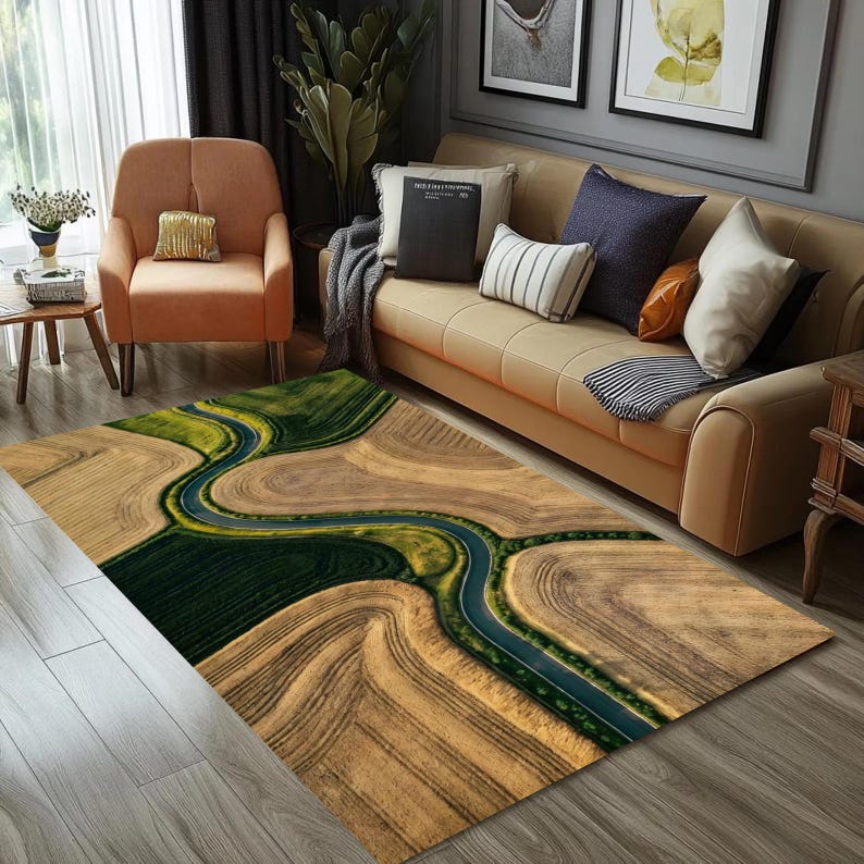 Aerial Landscape Nonslip Rug, Winding Road Nature Rug, Minimalist Scenic Carpet, Modern Farm Field Rug, Nature Inspired Living Room Rug image 6