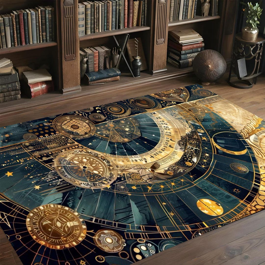 Astrological Rug Celestial Astrology Area Rug, Zodiac Wheel Cosmic Floor Mat, Gold and ...
