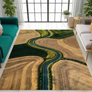 Aerial Landscape Nonslip Rug, Winding Road Nature Rug, Minimalist Scenic Carpet, Modern Farm Field Rug, Nature Inspired Living Room Rug image 4