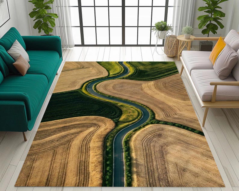 Aerial Landscape Nonslip Rug, Winding Road Nature Rug, Minimalist Scenic Carpet, Modern Farm Field Rug, Nature Inspired Living Room Rug image 4