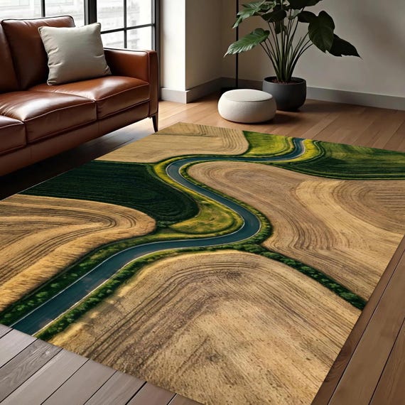 Aerial Landscape Nonslip Rug, Winding Road Nature Rug, Minimalist Scenic Carpet, Modern Farm Field Rug, Nature Inspired Living Room Rug