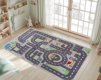 ロードマップキッズラグ、洗える滑り止めカートラックプレイマット、幼児用シティストリートカーペット、インタラクティブドライビングプレイルームまたは保育園の装飾