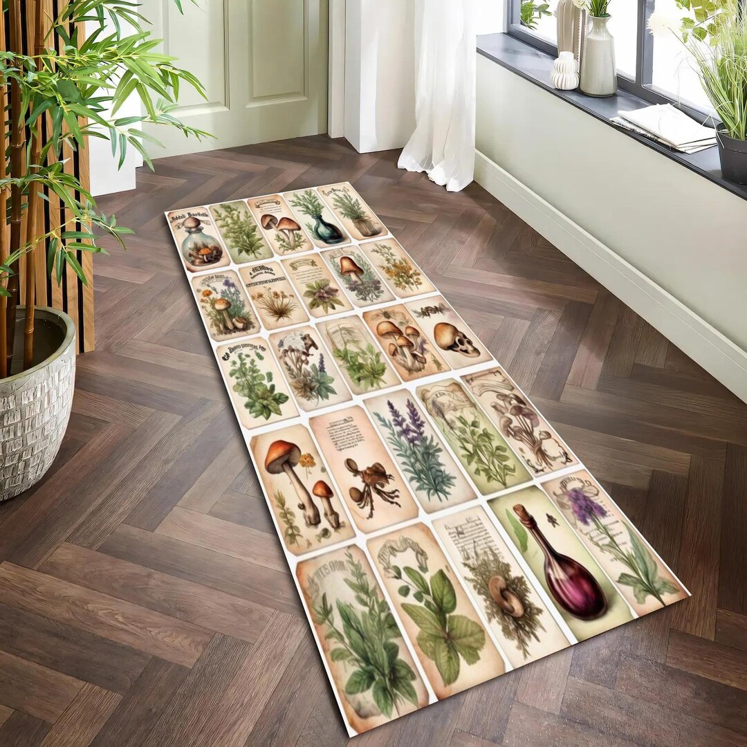 Botanical Patchwork Runner Rug Herb Illustrations, Botanical Hallway ...