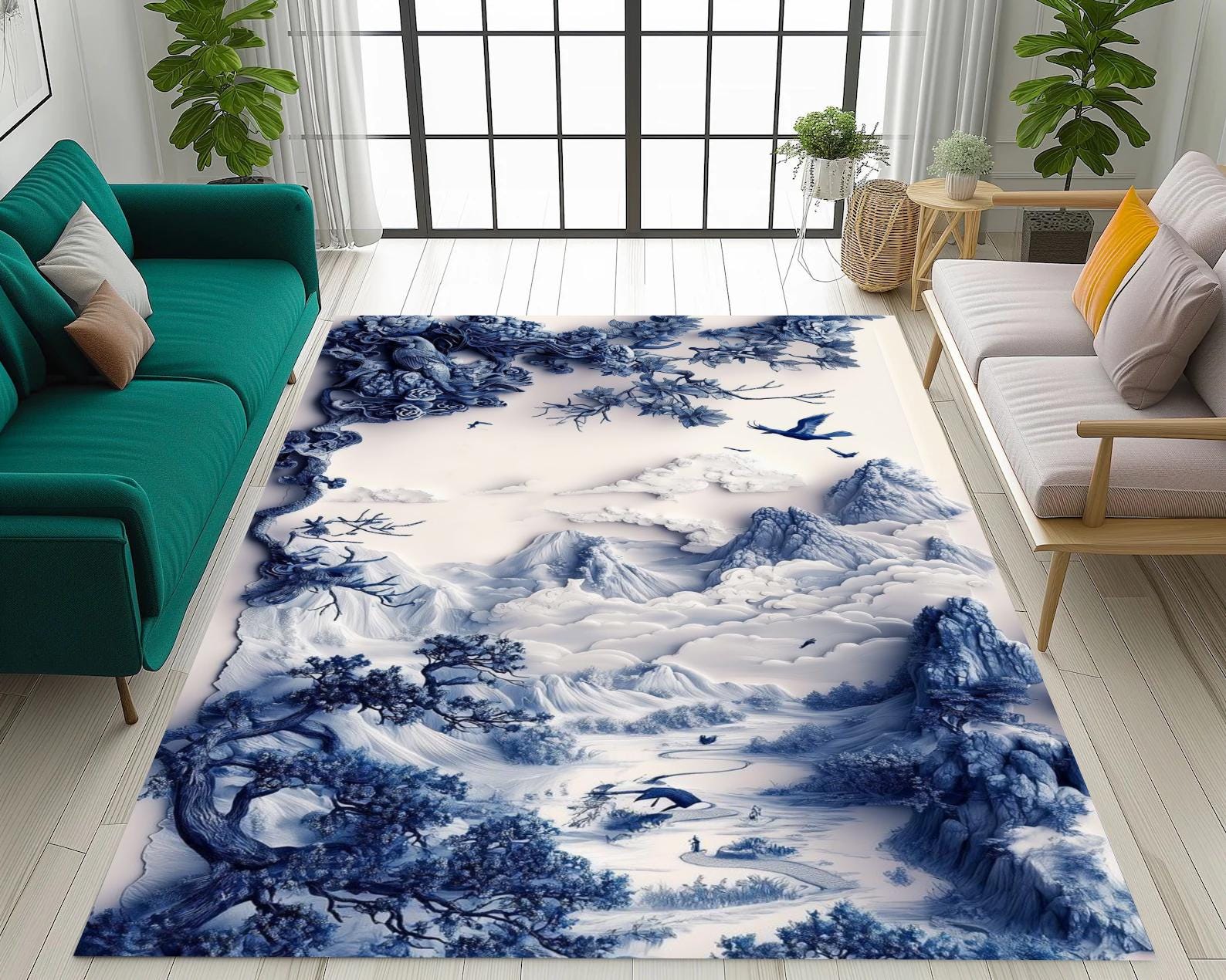Blue Chinoiserie Landscape Rug, Oriental Ink Style Mountain Carpet