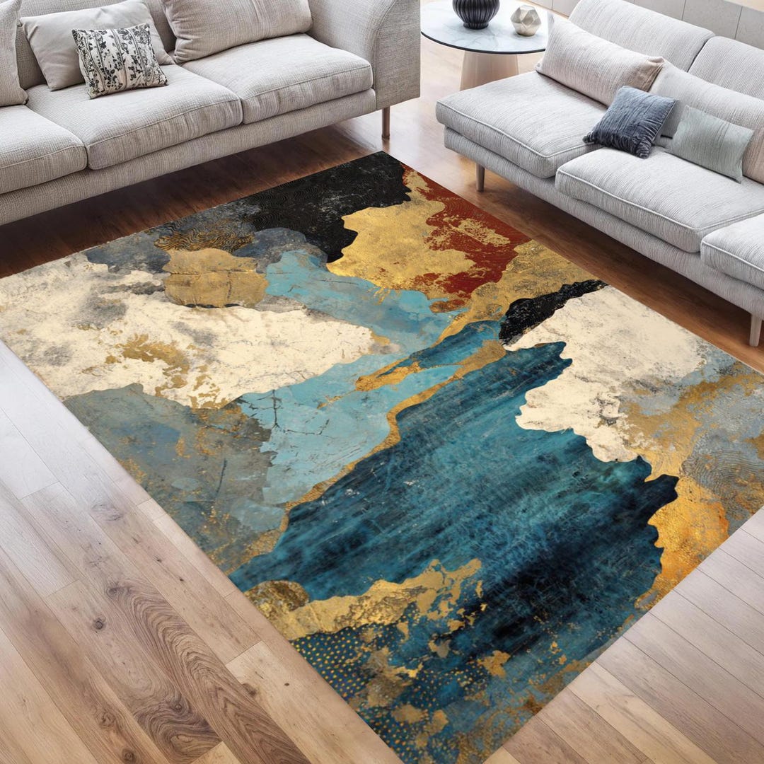 Gold Blue Abstract Rug, Abstract Textured Nonslip Rug, Modern Artistic ...
