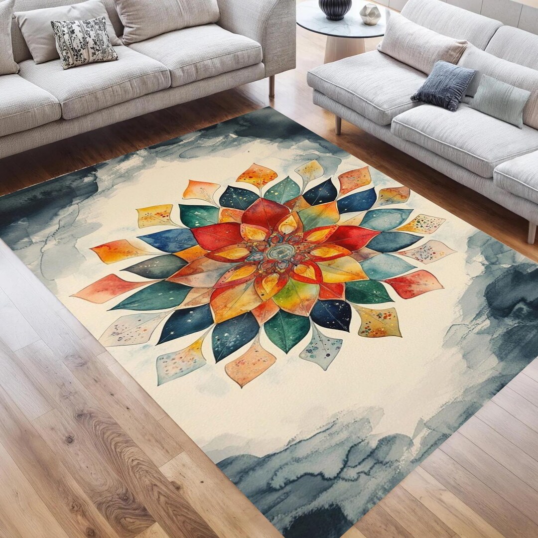 Floral Mandala Area Rug, Boho Yoga Meditation Carpet, Vibrant Mandala ...